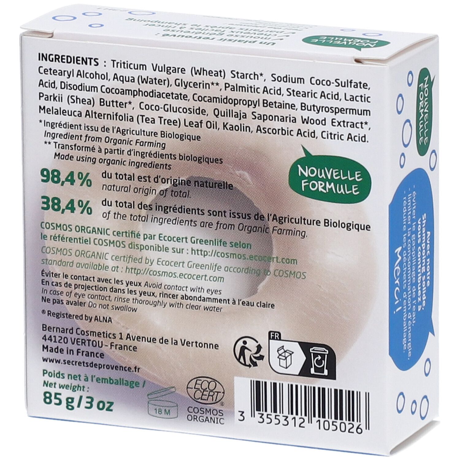 Dos de l'emballage avec ingrédients et certifications. Poids: 85g/3oz. Certification bio. Fabriqué en France.