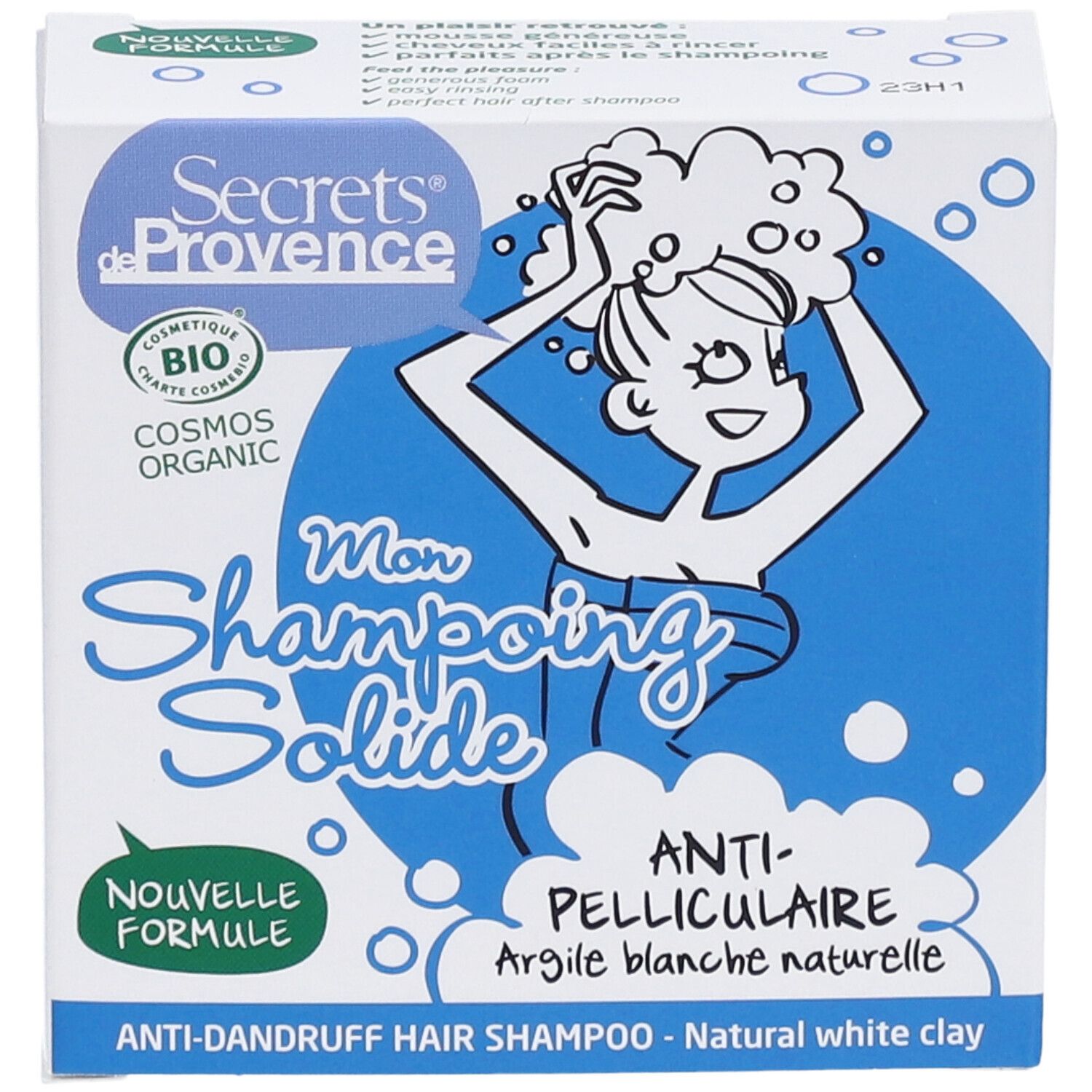 Boîte avec illustration du produit. Inscription: Mon Shampoing Solide, Anti-pelliculaire, Argile blanche naturelle. Certification bio.