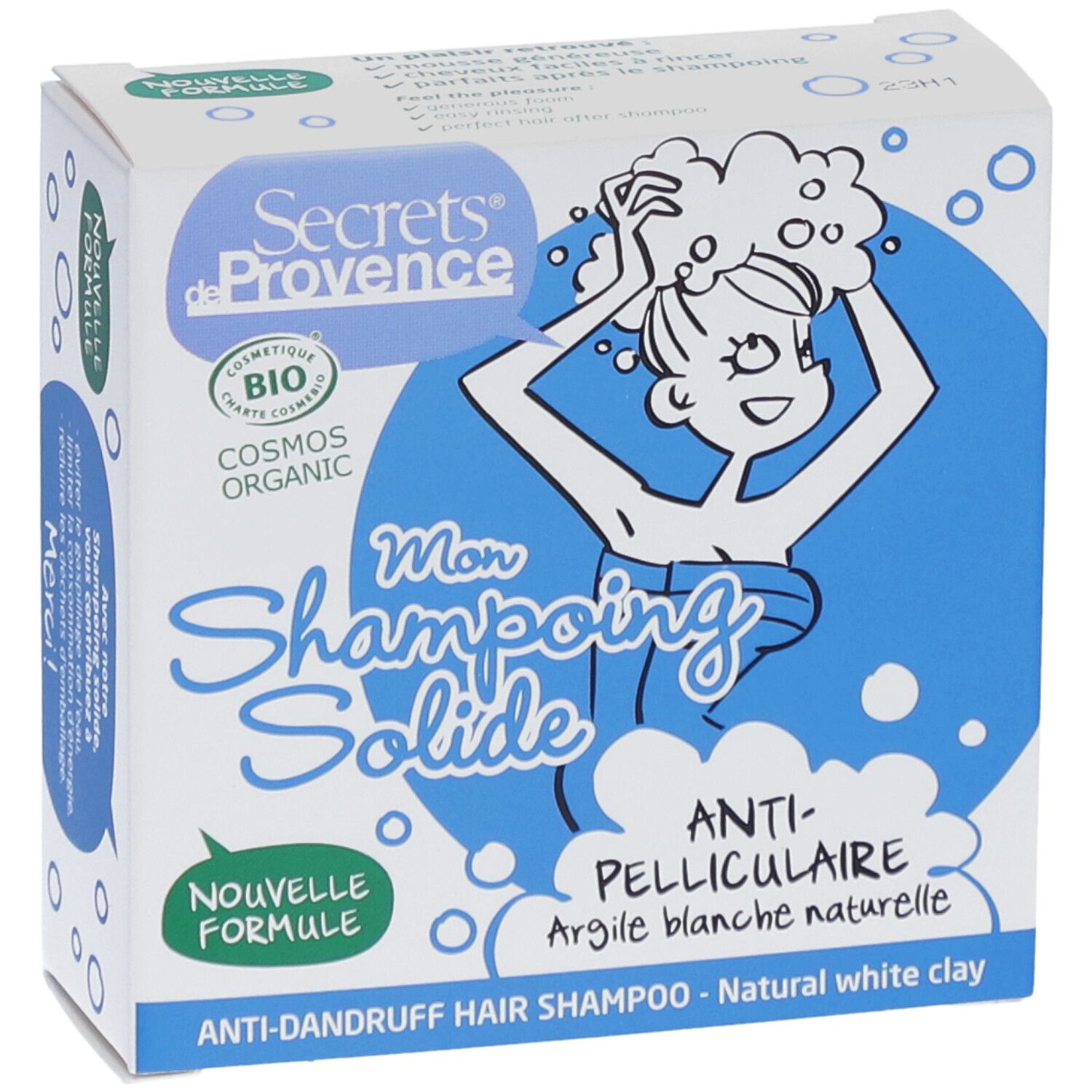 Boîte avec illustration du produit. Inscription: Mon Shampoing Solide, Anti-pelliculaire, Argile blanche naturelle. Certification bio.