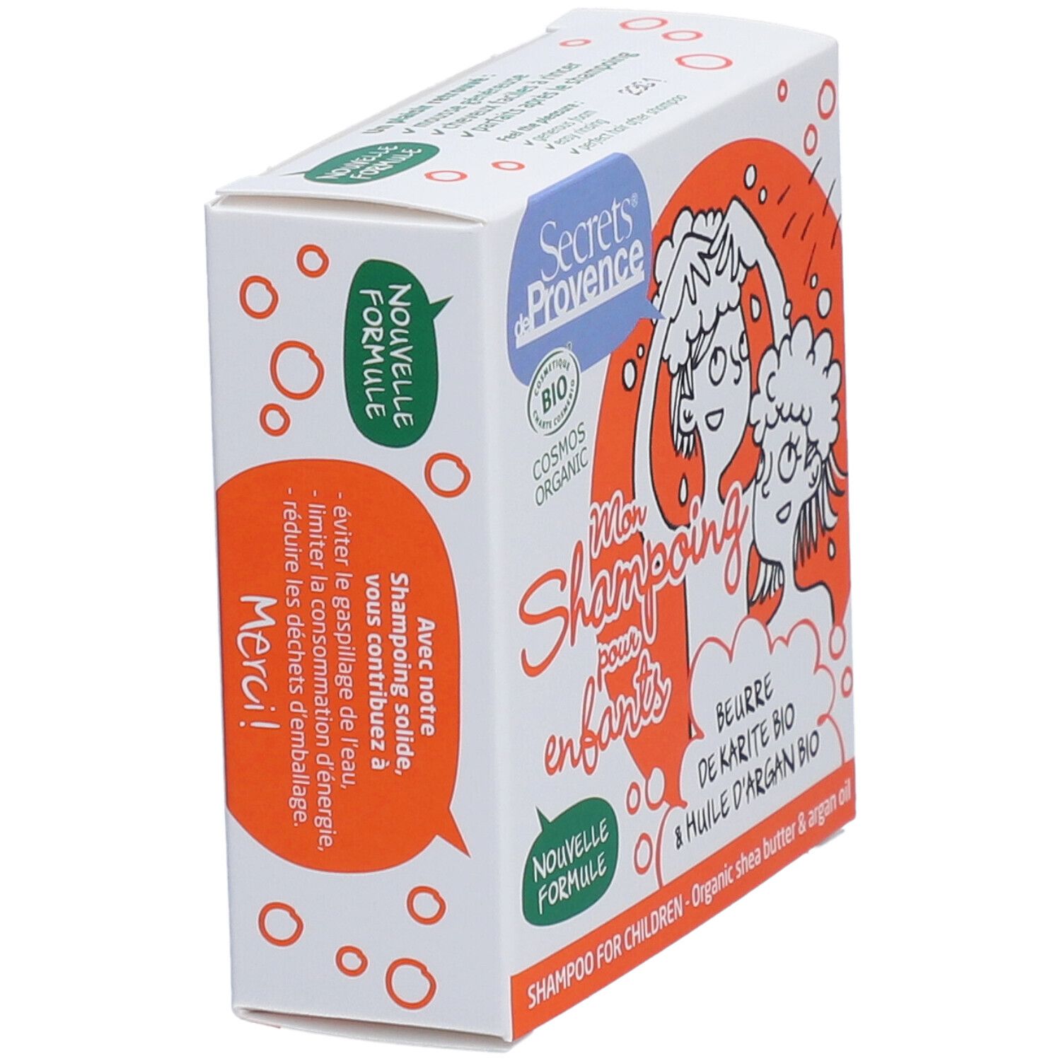 Schrägansicht der Shampoo-Verpackung. Text: Neue Formel. Enthält Hinweise zur Reduzierung des Wasser- und Energieverbrauchs.
