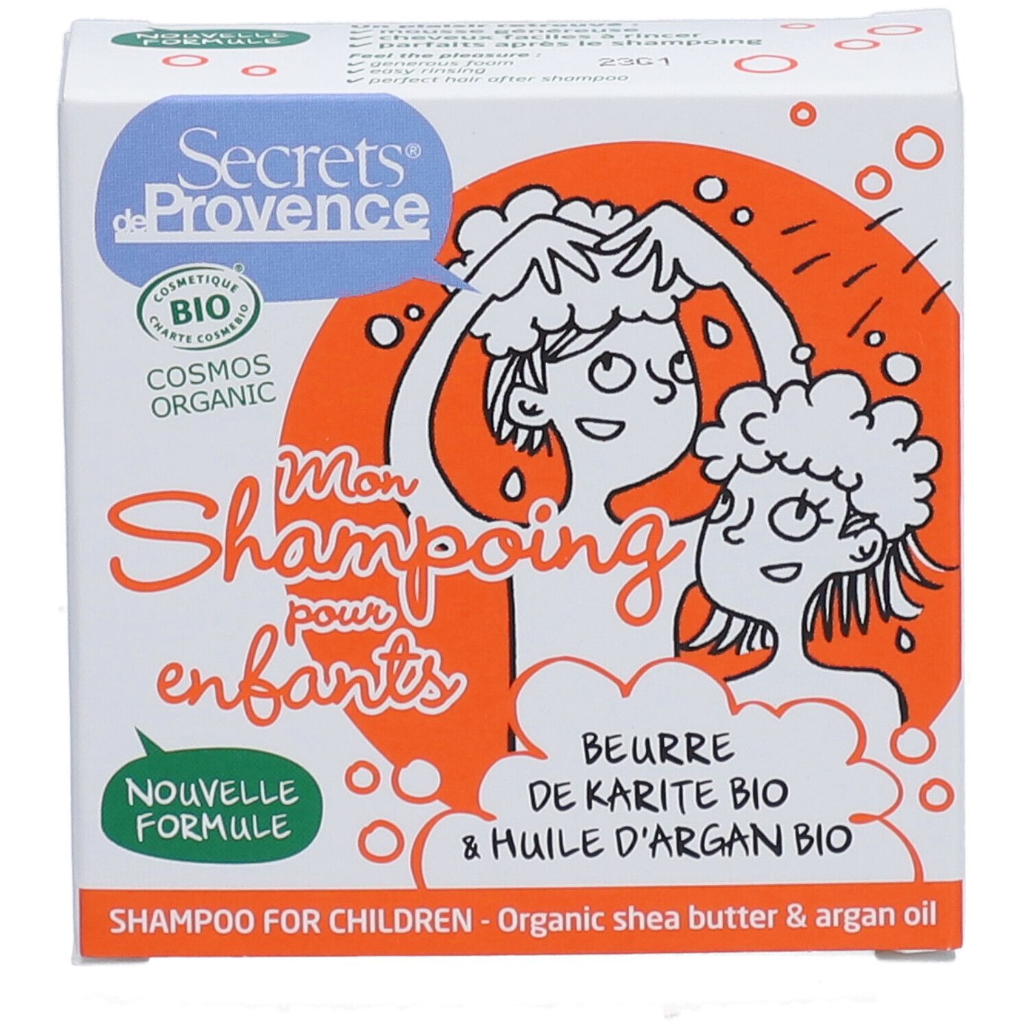 Vorderansicht der Shampoo-Verpackung. Enthält Illustrationen, Produktnamen und Zertifizierungen. Orangefarbener Hintergrund.