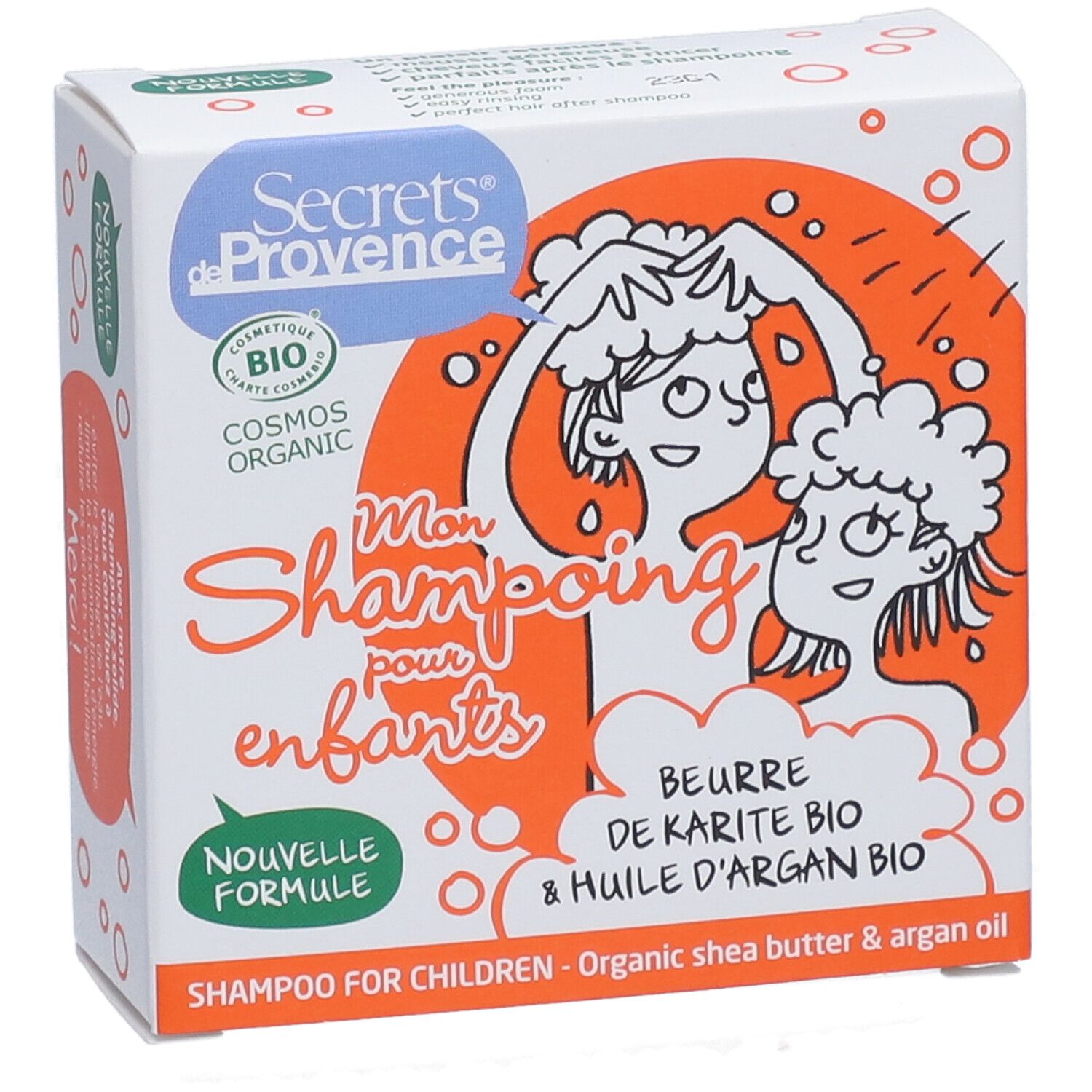 Vorderansicht der Shampoo-Verpackung. Enthält Illustrationen, Produktnamen und Zertifizierungen. Orangefarbener Hintergrund.