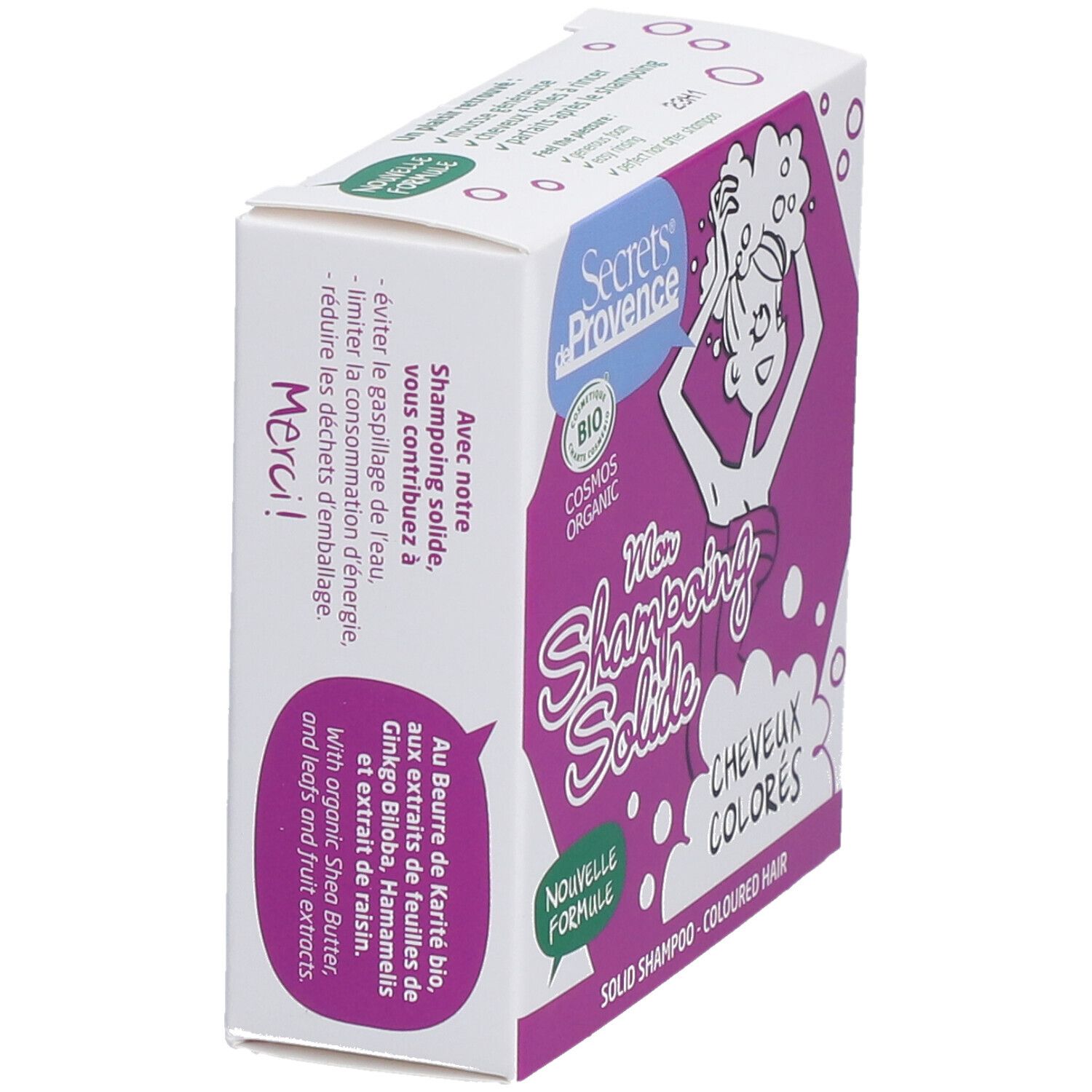 Boîte de shampooing solide pour cheveux colorés. Logo Secrets de Provence, certification bio. Ingrédients et texte sur le côté.