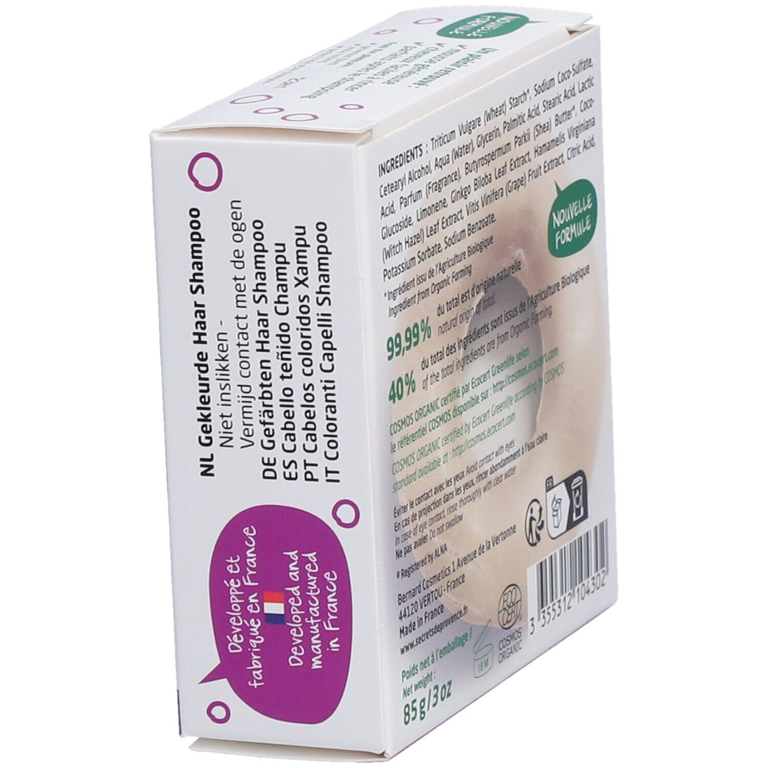 Boîte de shampooing solide pour cheveux colorés. Ingrédients, texte et certification bio. Fabriqué en France.
