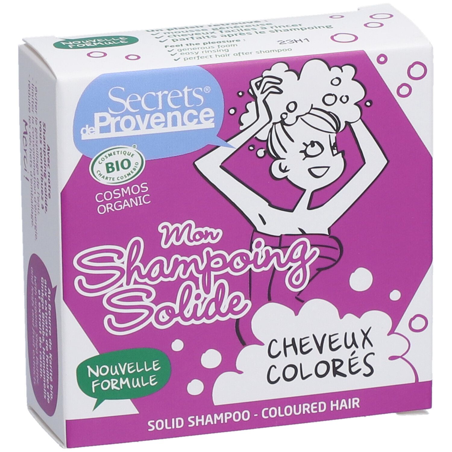Boîte de shampooing solide pour cheveux colorés. Logo Secrets de Provence, certification bio. Illustration d'une femme avec de la mousse.