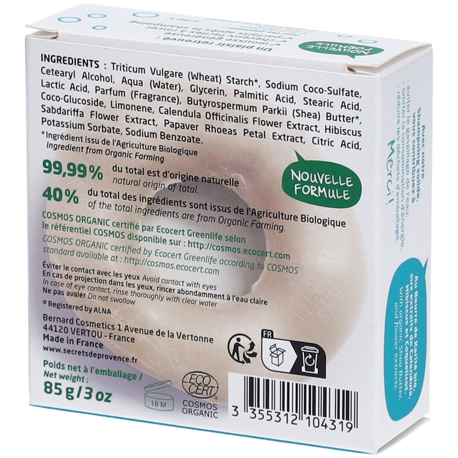 Dos de l'emballage du shampooing solide. Liste des ingrédients, certification bio, symbole de recyclage. Poids : 85g/3oz.