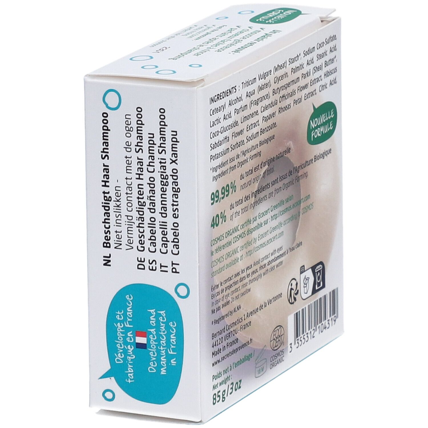 Côté de l'emballage du shampooing solide. Texte multilingue. Poids : 85g/3oz. Fabriqué en France.
