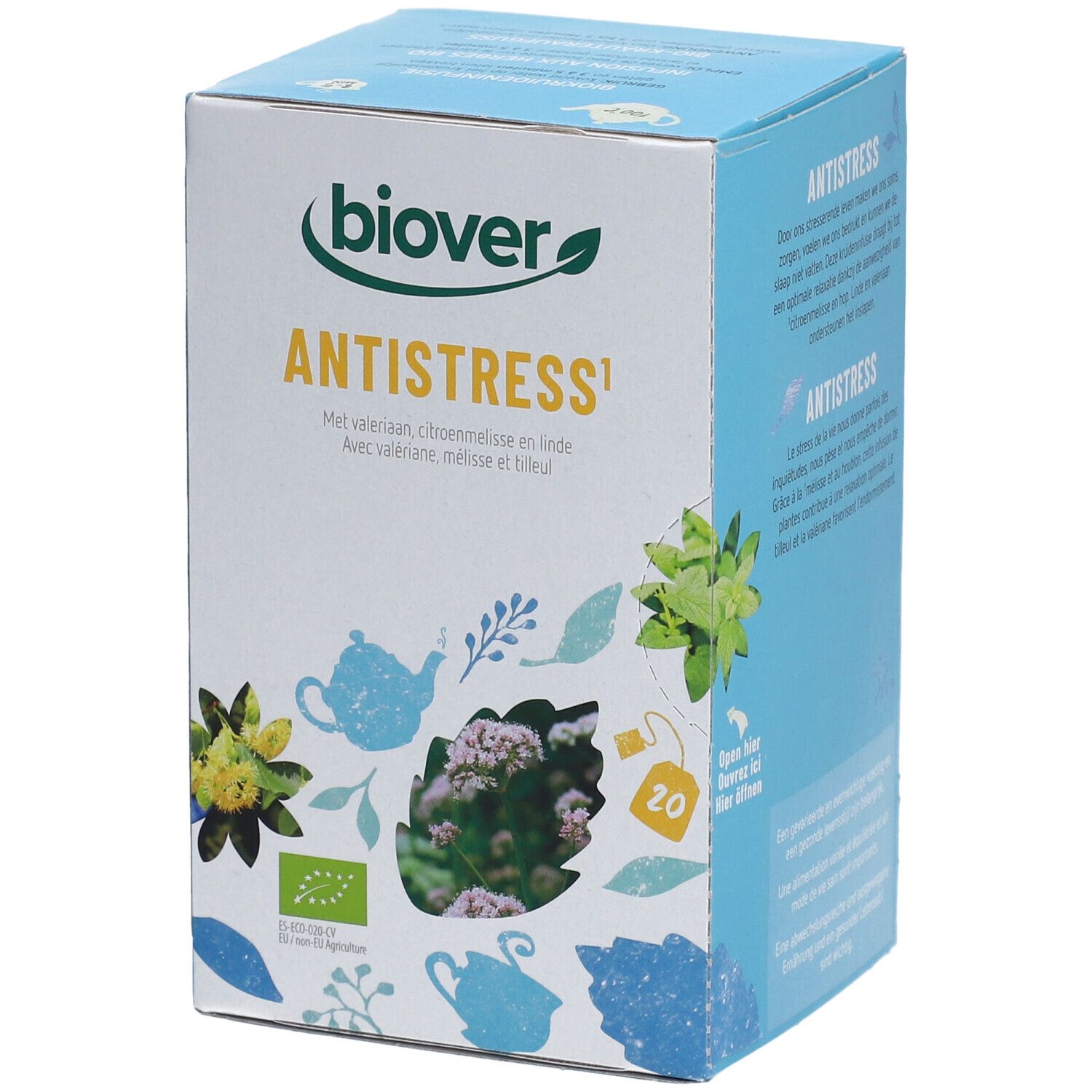 Lichtblauwe doos met 'Biover' logo en 'Antistress'. Bevat 20 theezakjes. Bio-keurmerk.