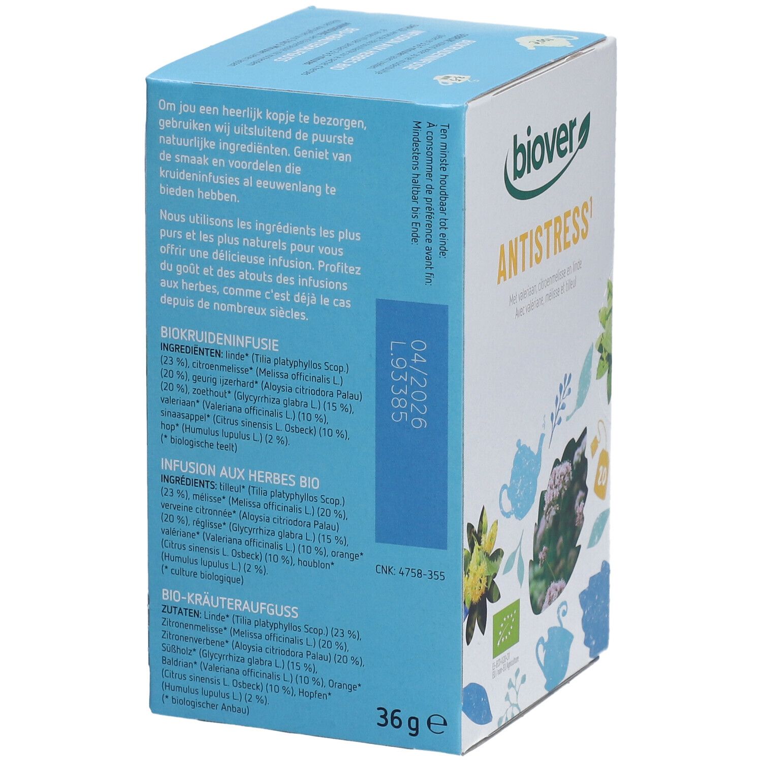 Achterkant van de lichtblauwe doos. Ingrediëntenlijsten in het Duits en Frans. Bio-keurmerk.