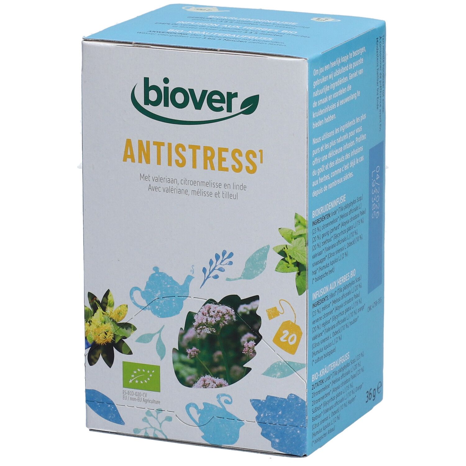 Lichtblauwe doos met 'Biover' logo en 'Antistress'. Bevat 20 theezakjes. Bio-keurmerk.
