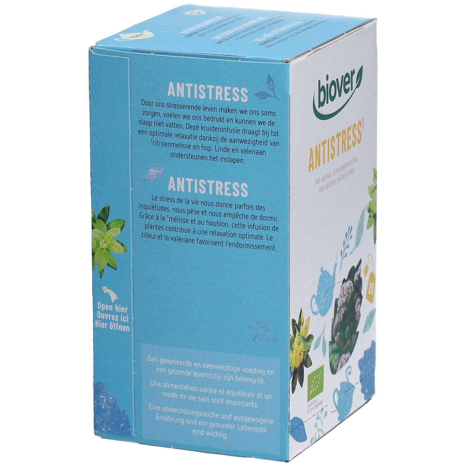 Lichtblauwe doos met 'Biover' logo en 'Antistress'. Tekst over ontspanning. Bio-keurmerk.