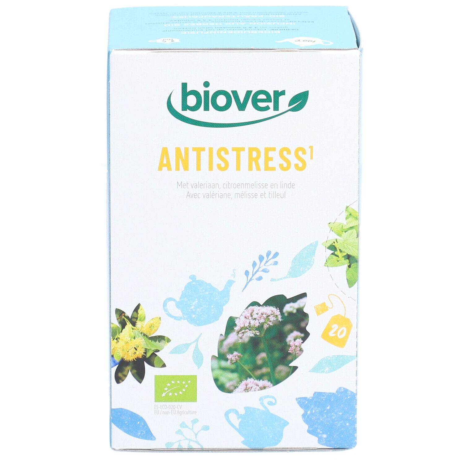 Lichtblauwe doos met 'Biover' logo en 'Antistress'. Bevat 20 theezakjes. Bio-keurmerk.