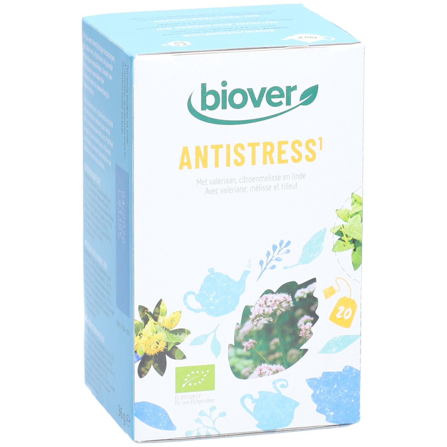 Lichtblauwe doos met 'Biover' logo en 'Antistress'. Bevat 20 theezakjes. Bio-keurmerk.