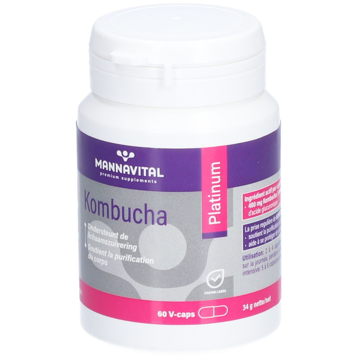 Weißes Fläschchen mit lila und rosa Etikett. Aufschrift: Mannavital Kombucha Platinum. 60 V-Kapseln.