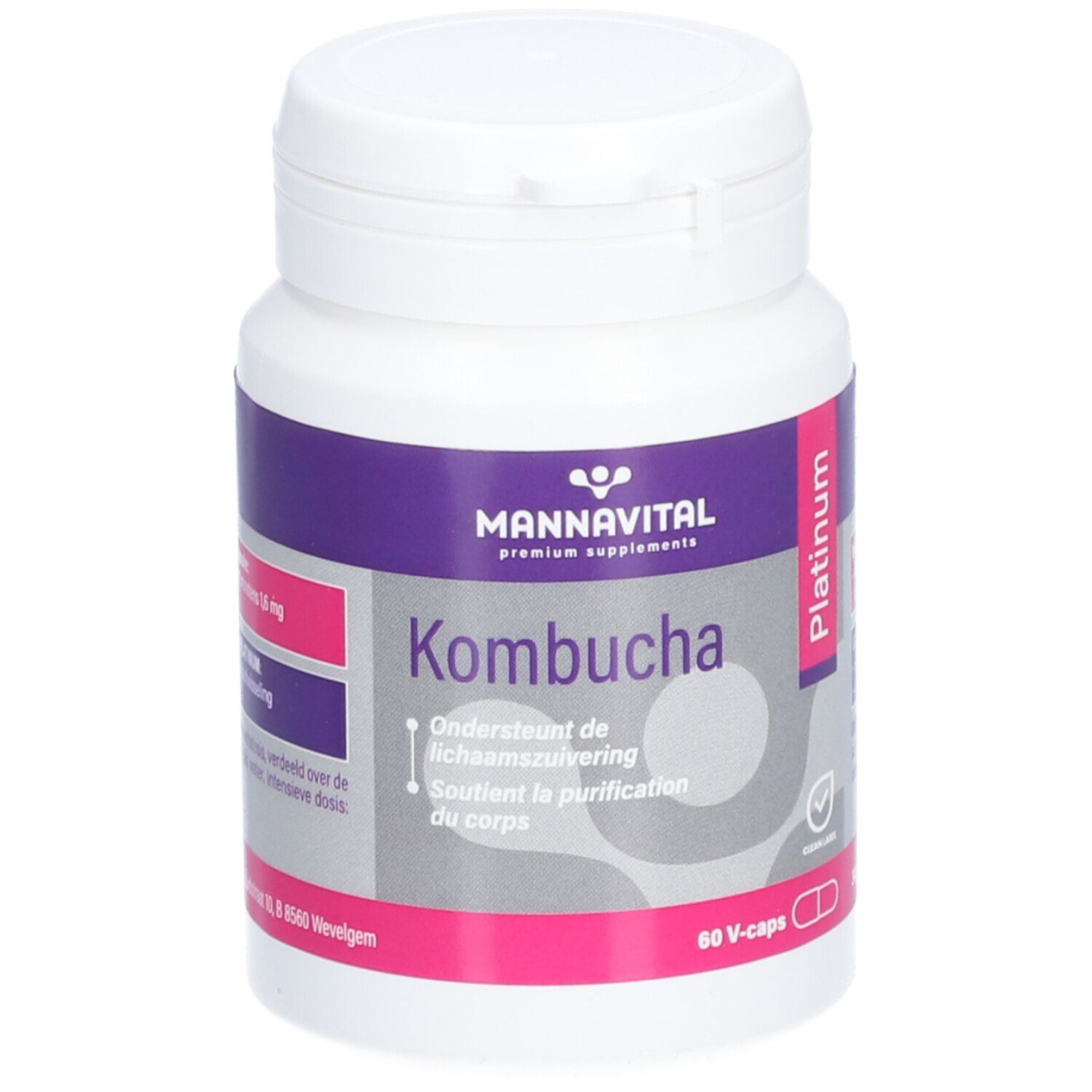 Weißes Fläschchen mit lila und rosa Etikett. Aufschrift: Mannavital Kombucha Platinum. 60 V-Kapseln.