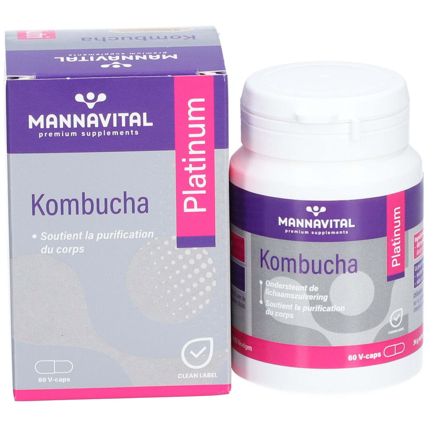 Produktverpackung: Schachtel und Flasche. Aufschrift: Mannavital Kombucha Platinum. 60 V-Kapseln.