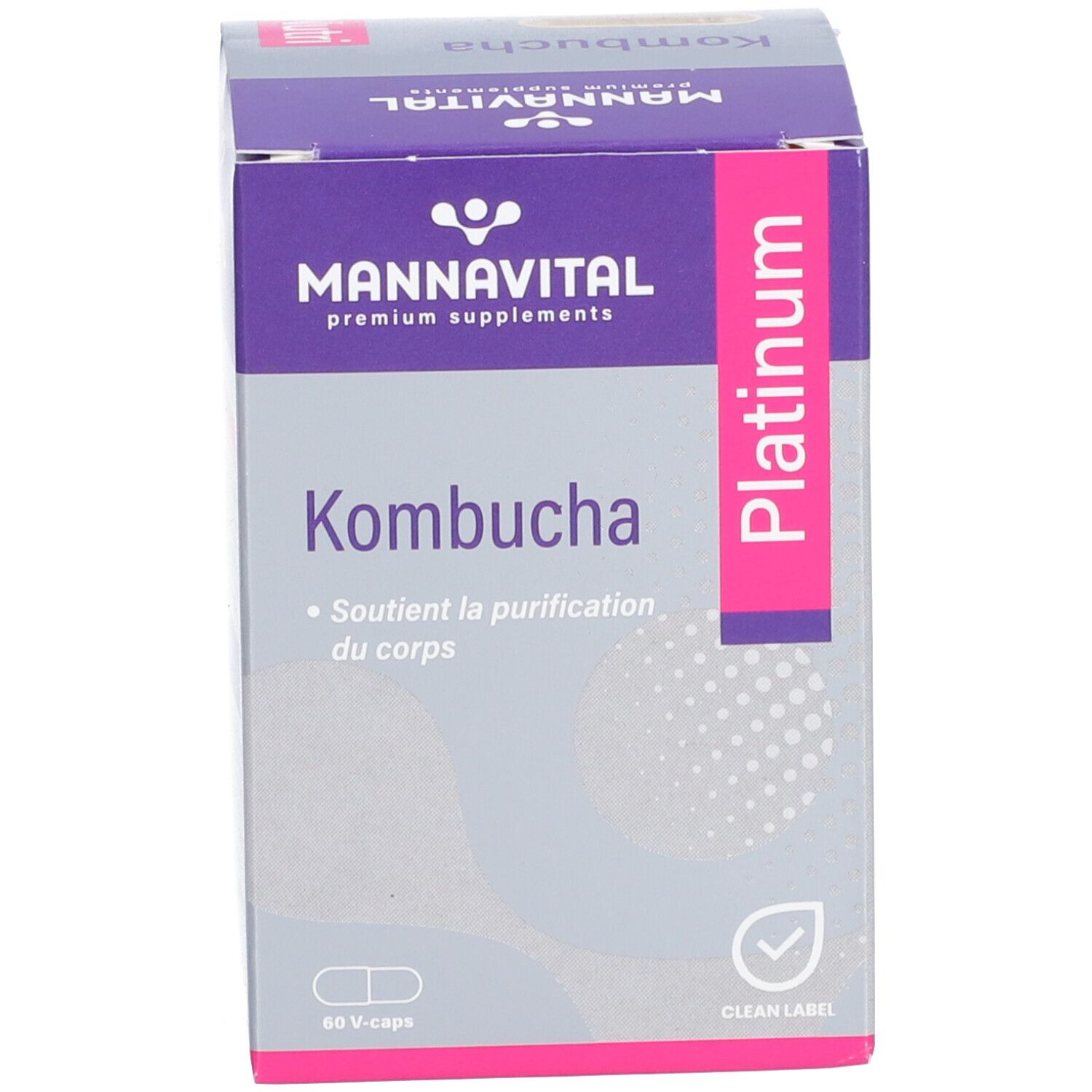 Produktverpackung: Schachtel. Aufschrift: Mannavital Kombucha Platinum. 60 V-Kapseln.