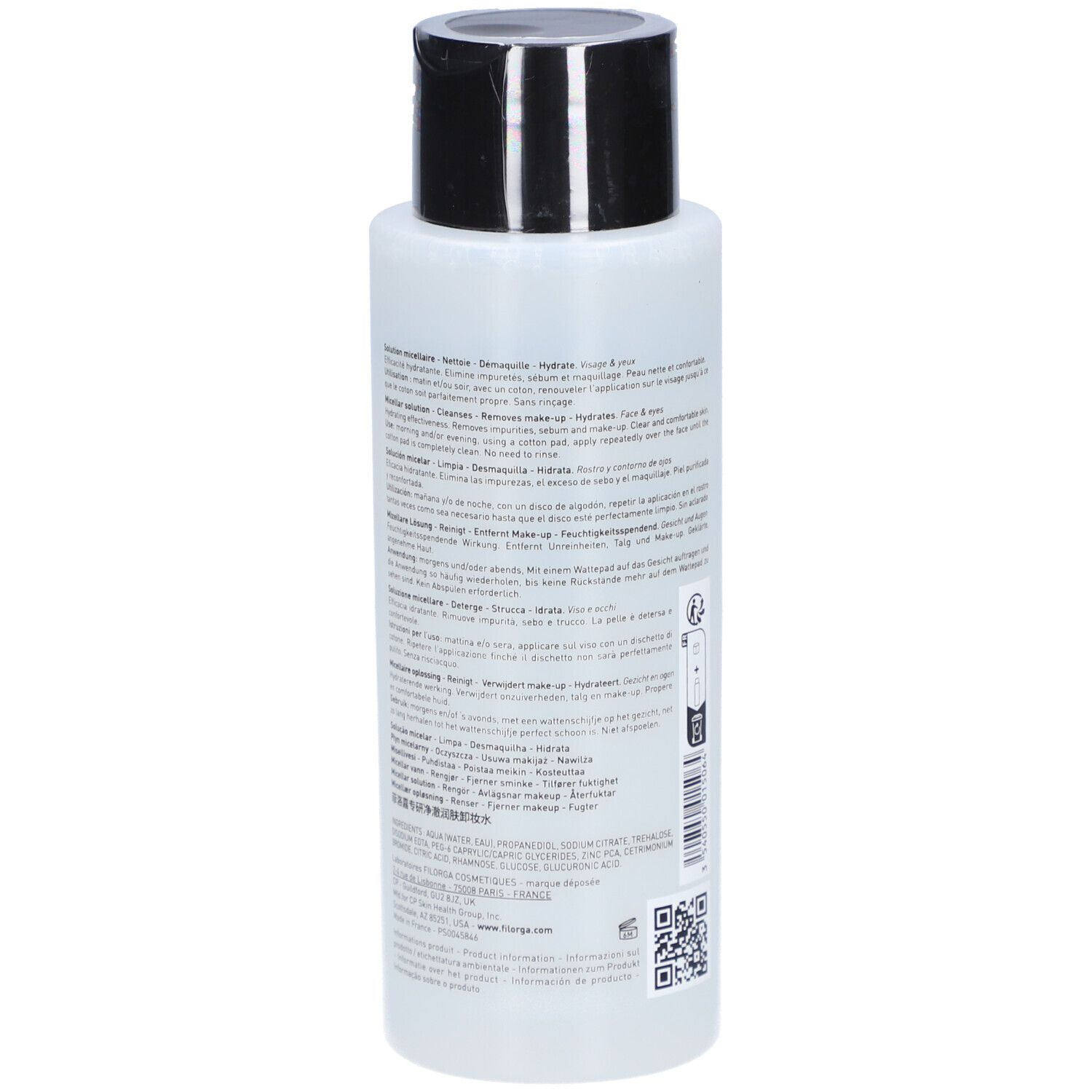 Filorga Skin-Prep Mizellare Lösung. Flasche mit schwarzem Deckel. Text auf der Rückseite. 400ml, 13.5 fl.oz.