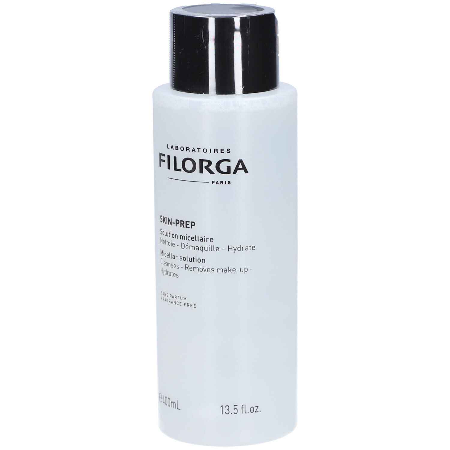 Filorga Skin-Prep Mizellare Lösung. Flasche mit schwarzem Deckel. Text: Skin-Prep, Micellare Lösung. 400ml, 13.5 fl.oz.
