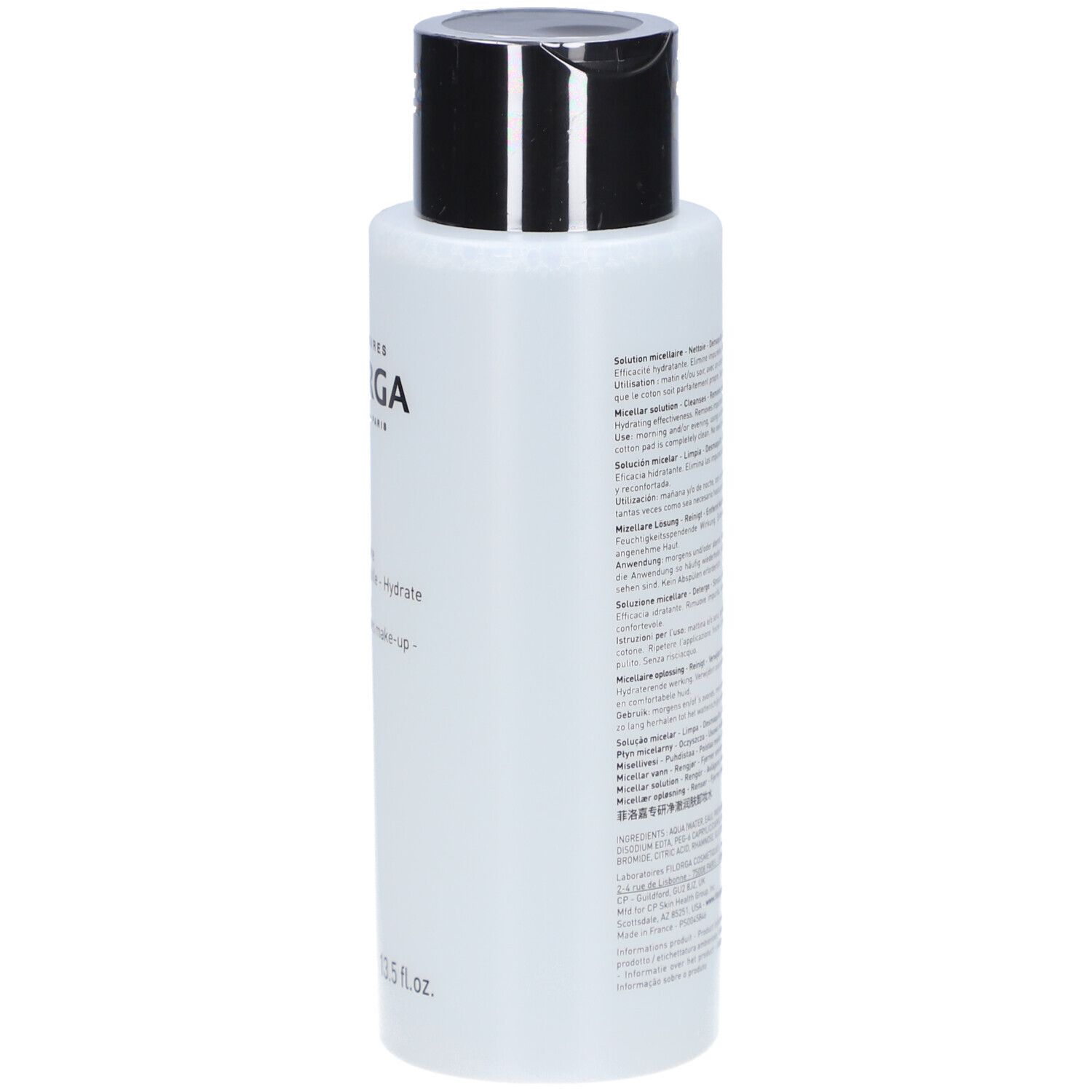 Filorga Skin-Prep Mizellare Lösung. Flasche mit schwarzem Deckel. Text auf der Rückseite. 400ml, 13.5 fl.oz.