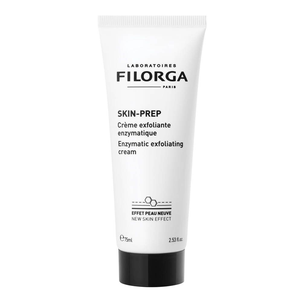 Tube blanc avec bouchon noir. Inscription : FILORGA, SKIN-PREP, crème exfoliante enzymatique. 75ml.