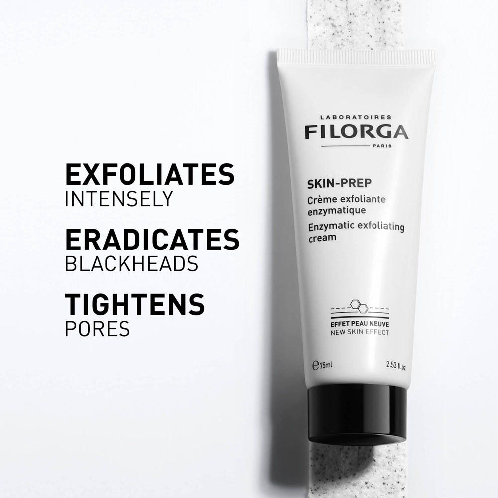 Tube blanc avec bouchon noir. Inscription : FILORGA, SKIN-PREP, crème exfoliante enzymatique. 75ml. Texte : Exfolie, élimine les points noirs, resserre les pores.