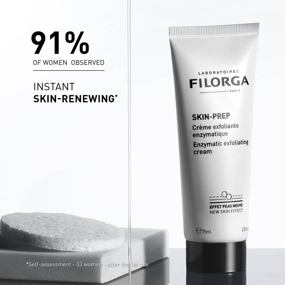 Tube blanc avec bouchon noir. Inscription : FILORGA, SKIN-PREP, crème exfoliante enzymatique. 75ml. Texte : 91% des femmes ont constaté un renouvellement cutané instantané.