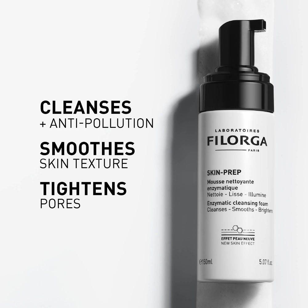 Flacon Filorga Skin-Prep et texte : Cleanses + Anti-Pollution, Smoothes Skin Texture, Tightens Pores.
