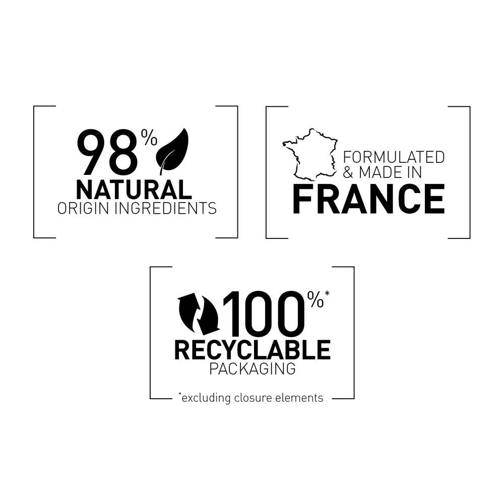 Texte : 98% ingrédients d'origine naturelle, Formulé & fabriqué en France, 100% emballage recyclable.