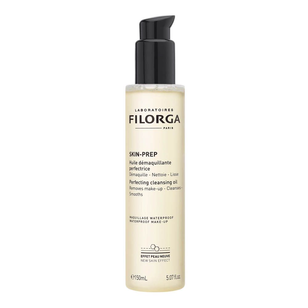 Filorga Skin-Prep huile démaquillante. Flacon avec pompe noire. Étiquette avec texte.