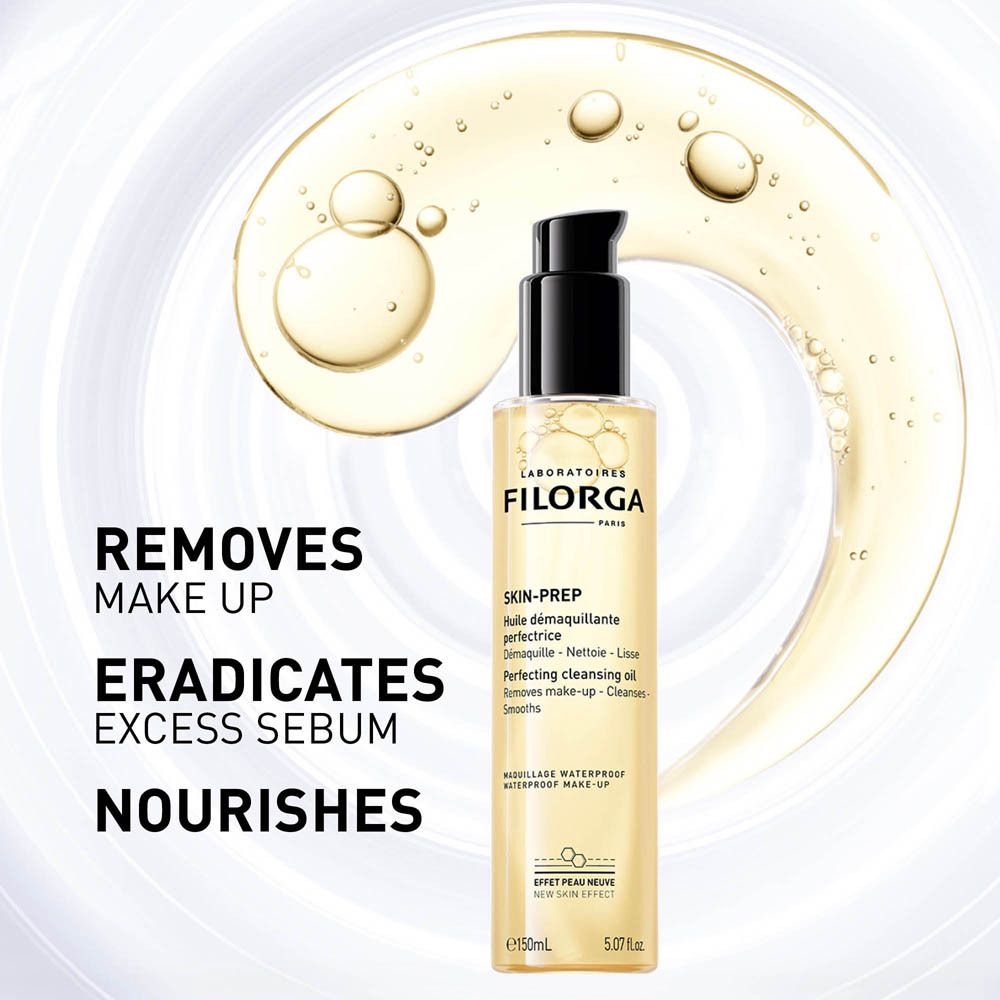 Flacon de produit avec texte : REMOVES MAKE UP, ERADICATES EXCESS SEBUM, NOURISHES.