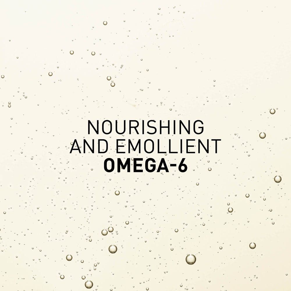 Gros plan sur liquide avec texte : NOURISHING AND EMOLLIENT OMEGA-6.