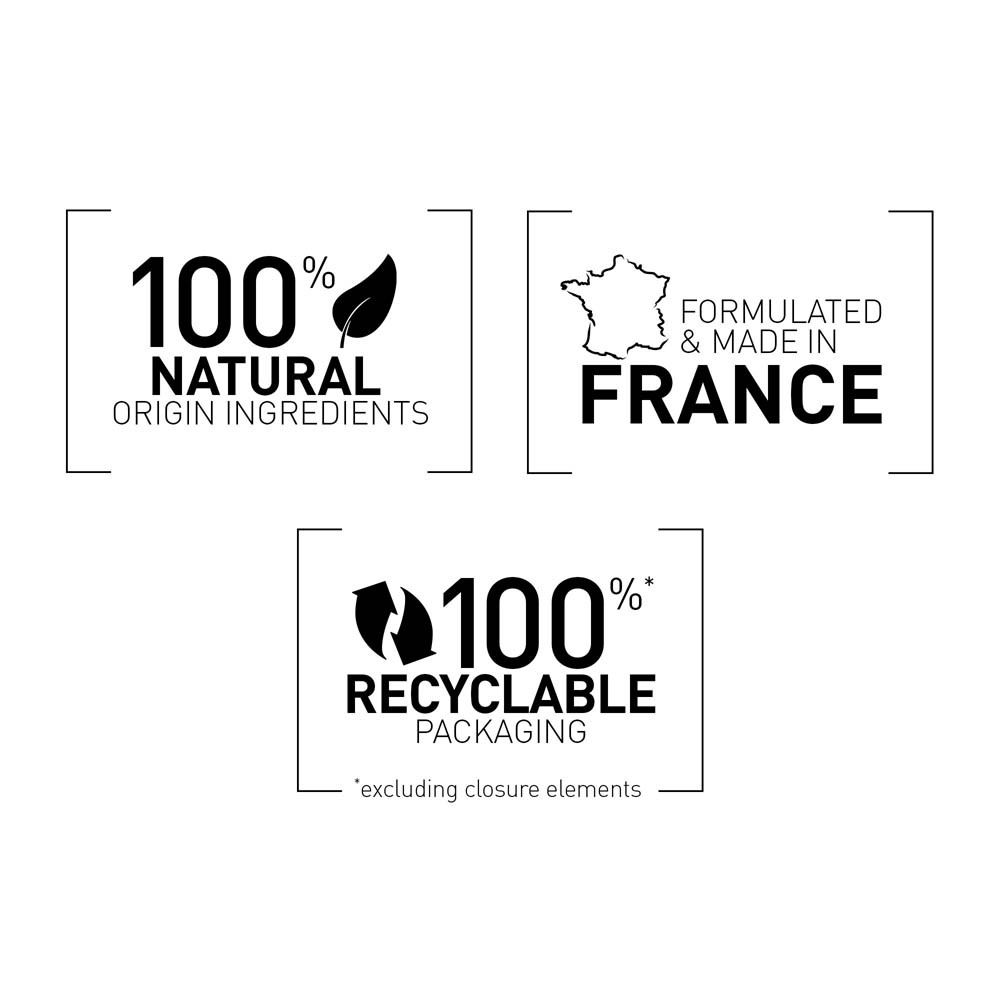 Trois logos : 100% ingrédients d'origine naturelle, Formulé & fabriqué en France, 100% emballage recyclable.