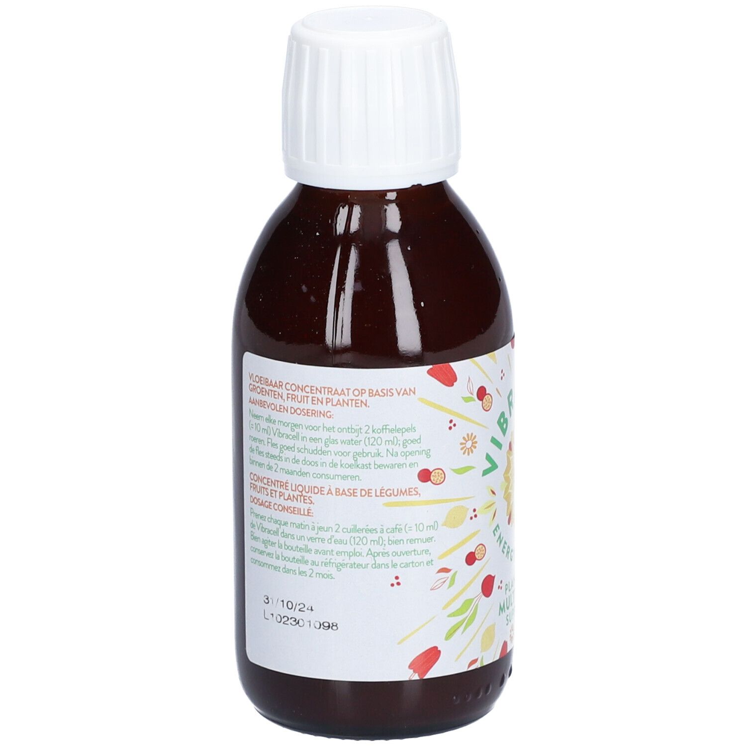 Bouteille marron avec bouchon blanc. Étiquette avec texte multilingue. Concentré à base de légumes, fruits et plantes.