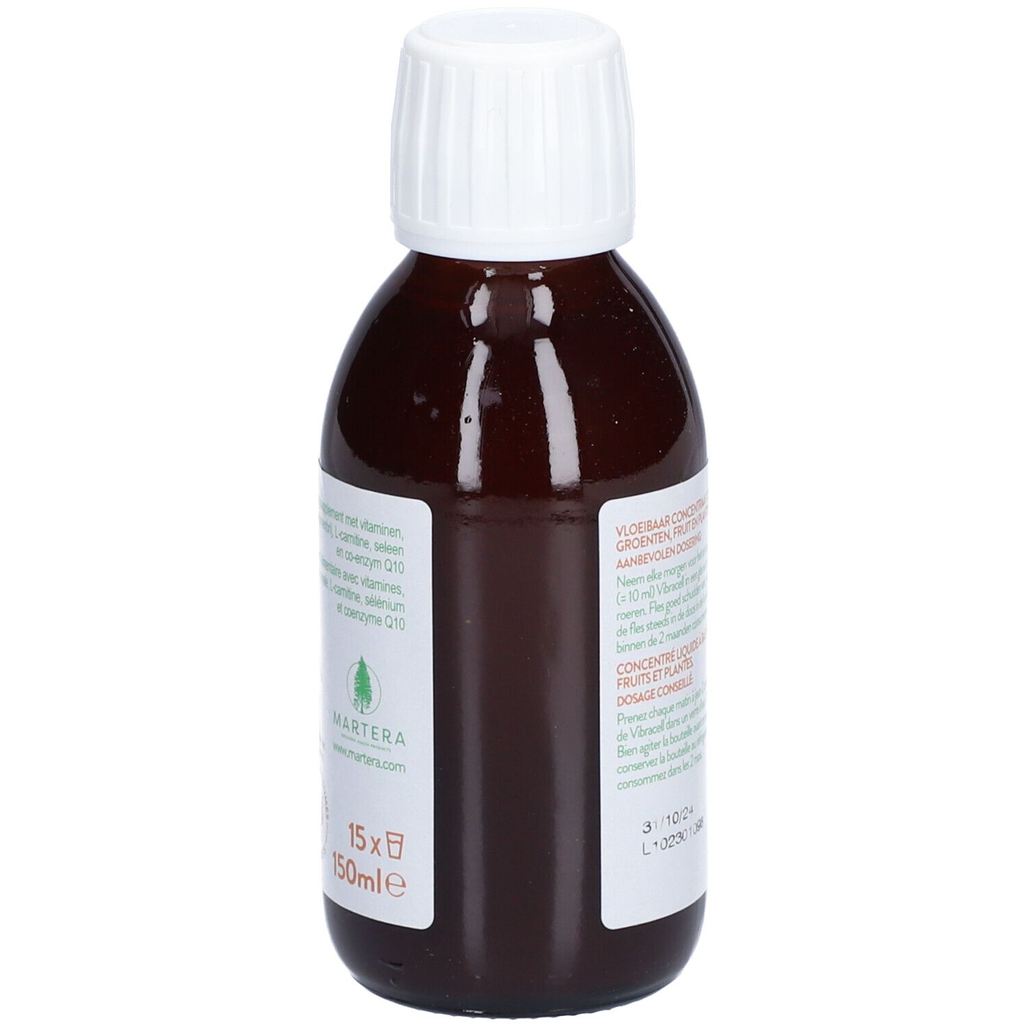 Bouteille marron avec bouchon blanc. Dos avec texte et logo. Contient coenzyme Q10, L-carnitine, sélénium et zinc.