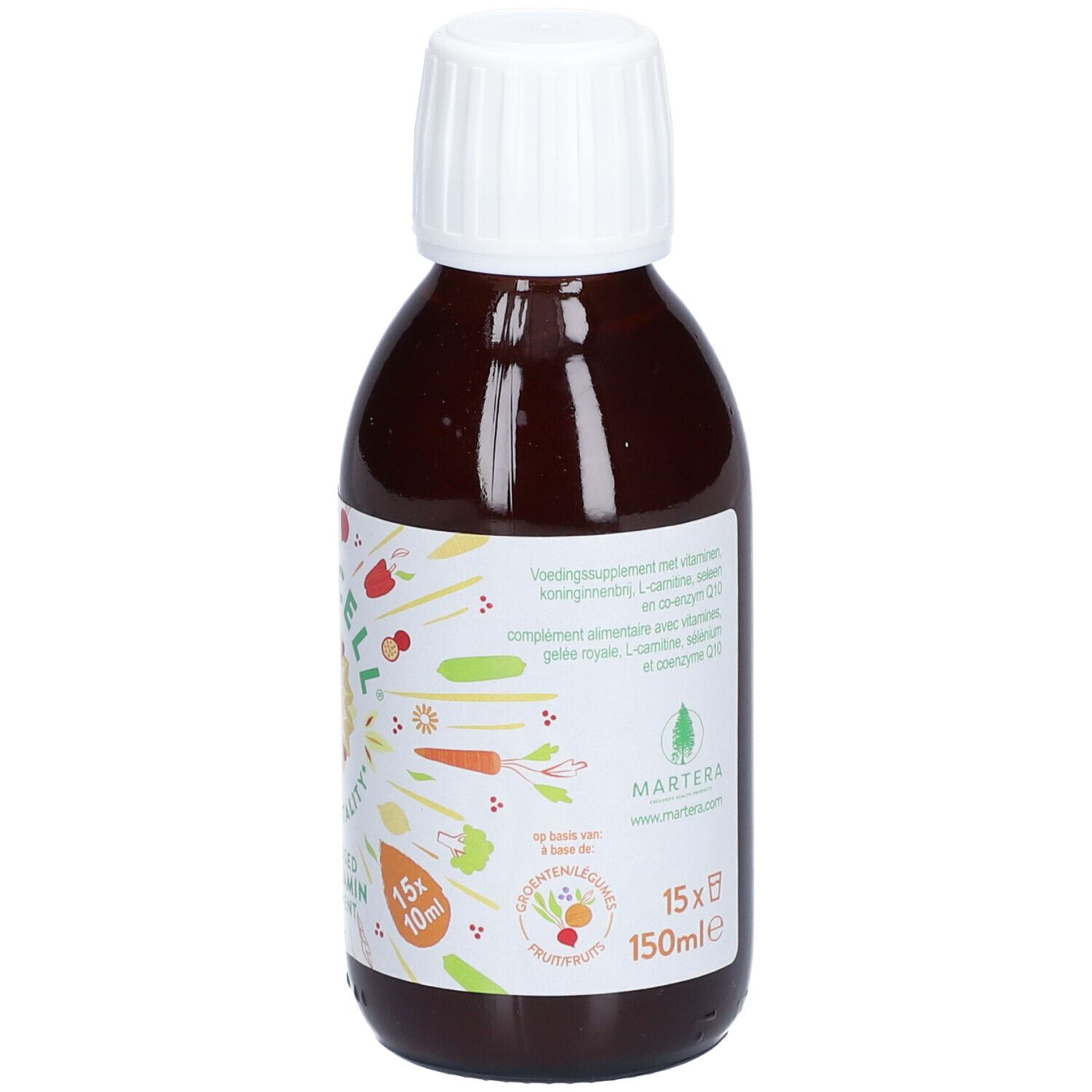 Bouteille marron avec bouchon blanc. Étiquette avec texte et logo. Complément alimentaire avec vitamines, L-carnitine et Q10.