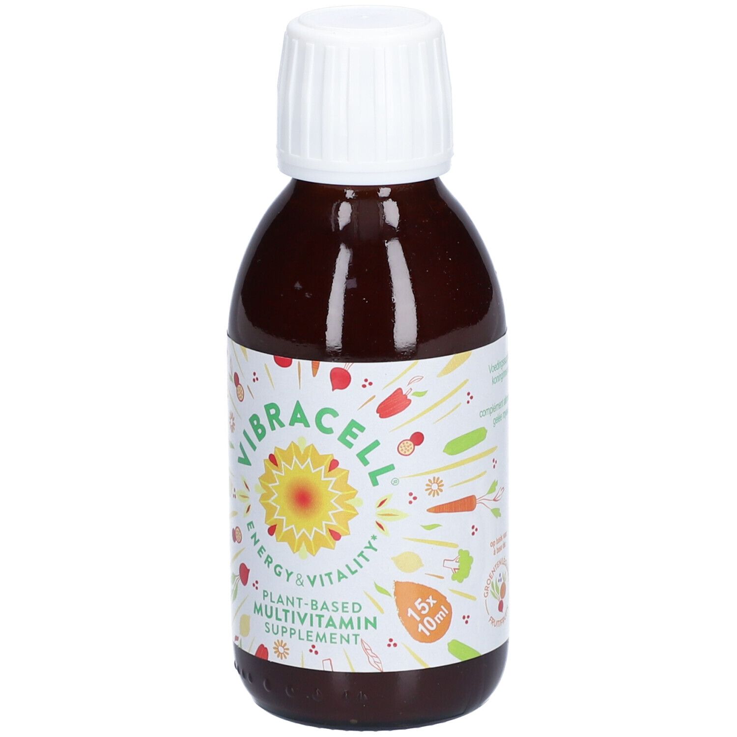 Bouteille marron avec bouchon blanc. Étiquette avec nom du produit et logo. Complément alimentaire multivitamines à base de plantes.
