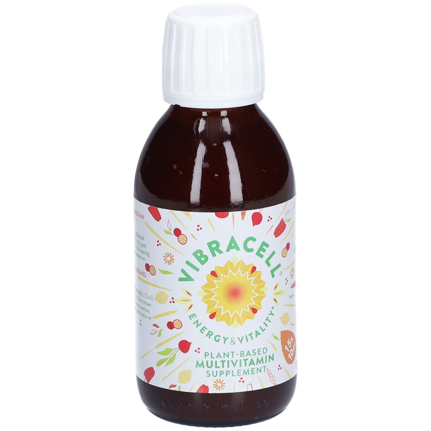 Bouteille marron avec bouchon blanc. Étiquette avec nom du produit et logo. Complément alimentaire multivitamines à base de plantes.