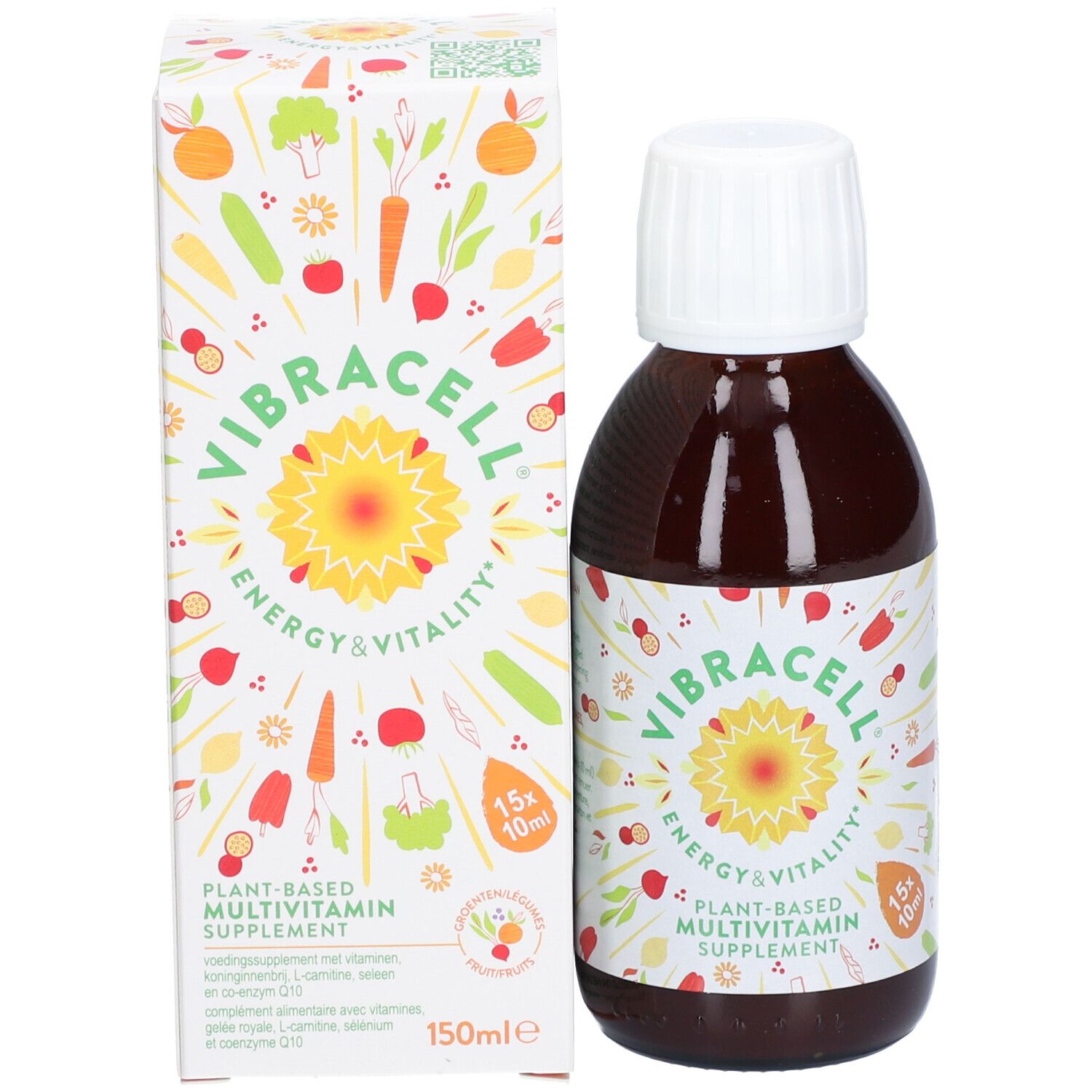 Bouteille marron et emballage. Nom du produit et logo. Complément alimentaire multivitamines à base de plantes. 15x10ml.