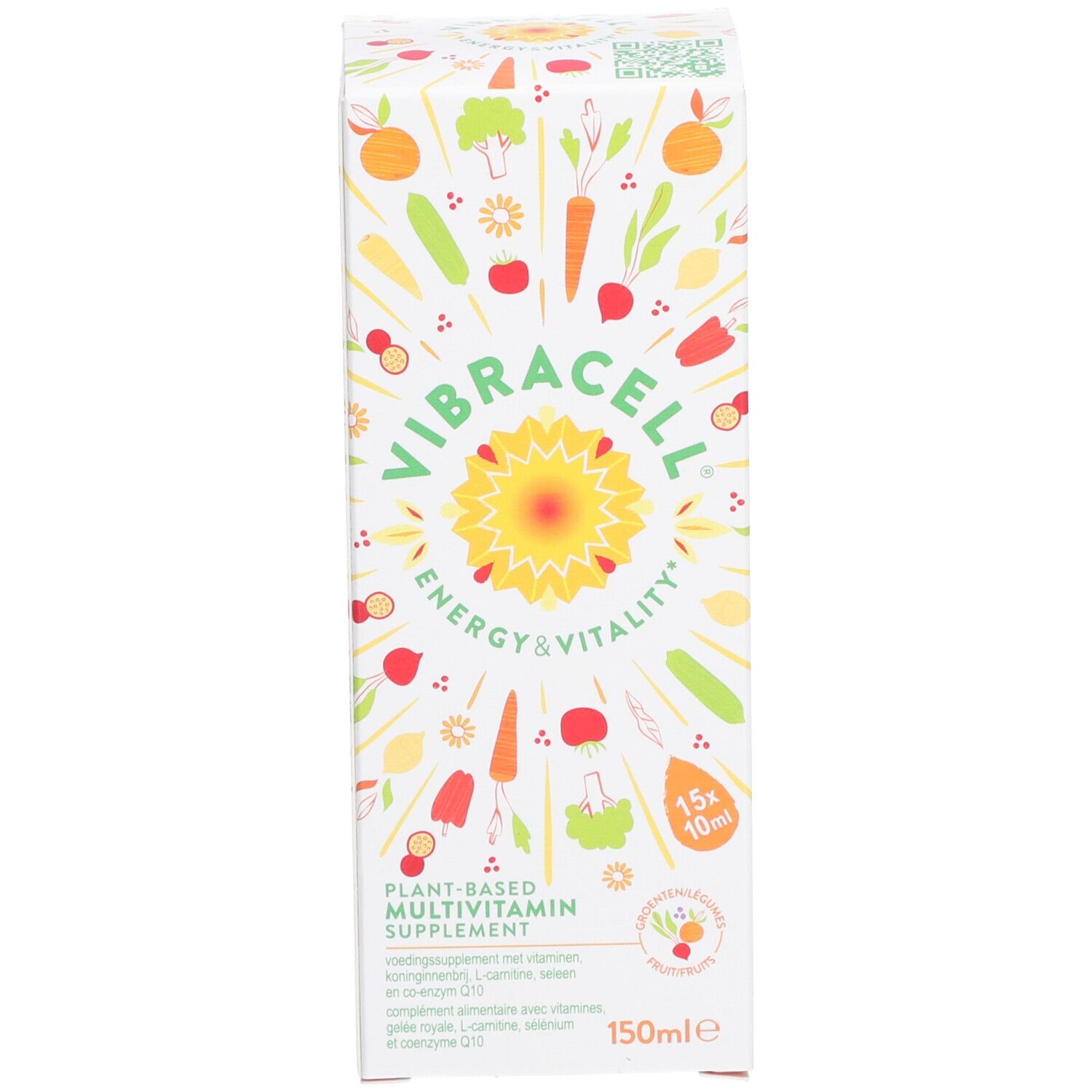 Emballage avec nom du produit et logo. Complément alimentaire multivitamines à base de plantes. 15x10ml. Emballage blanc.