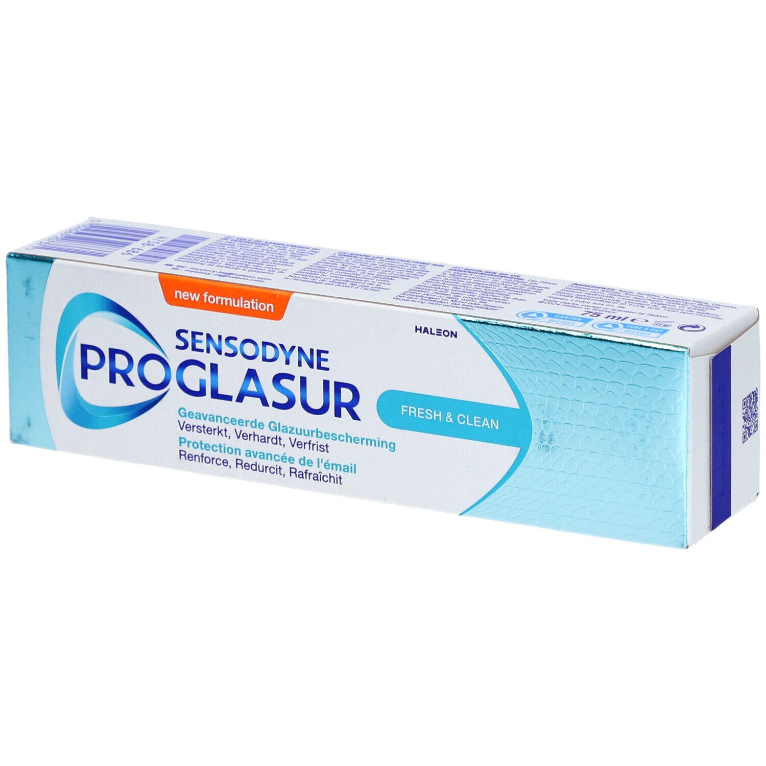 Boîte de dentifrice Sensodyne Proglasur. Couleurs principales: blanc et bleu clair. Inscription: Sensodyne Proglasur Fresh & Clean.