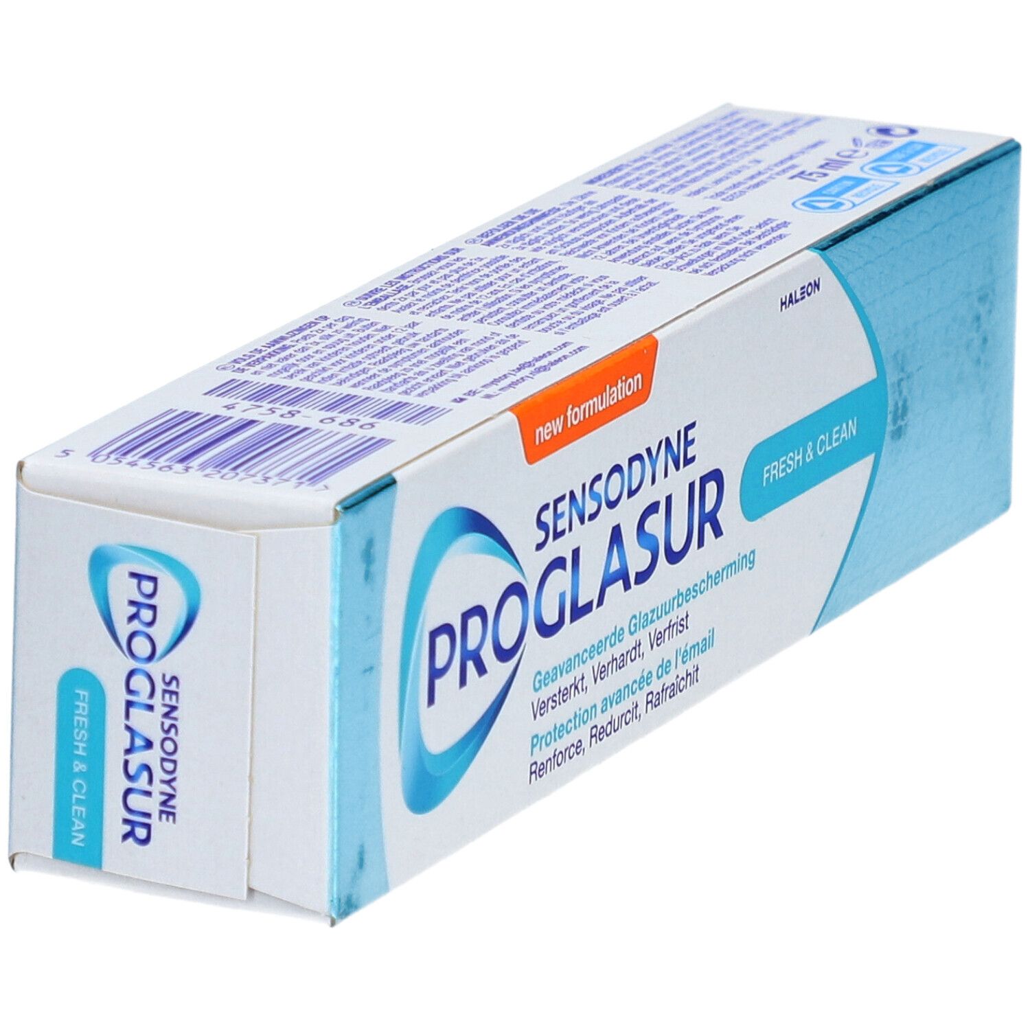 Boîte de dentifrice Sensodyne Proglasur. Couleurs principales: blanc et bleu clair. Inscription: Sensodyne Proglasur Fresh & Clean.