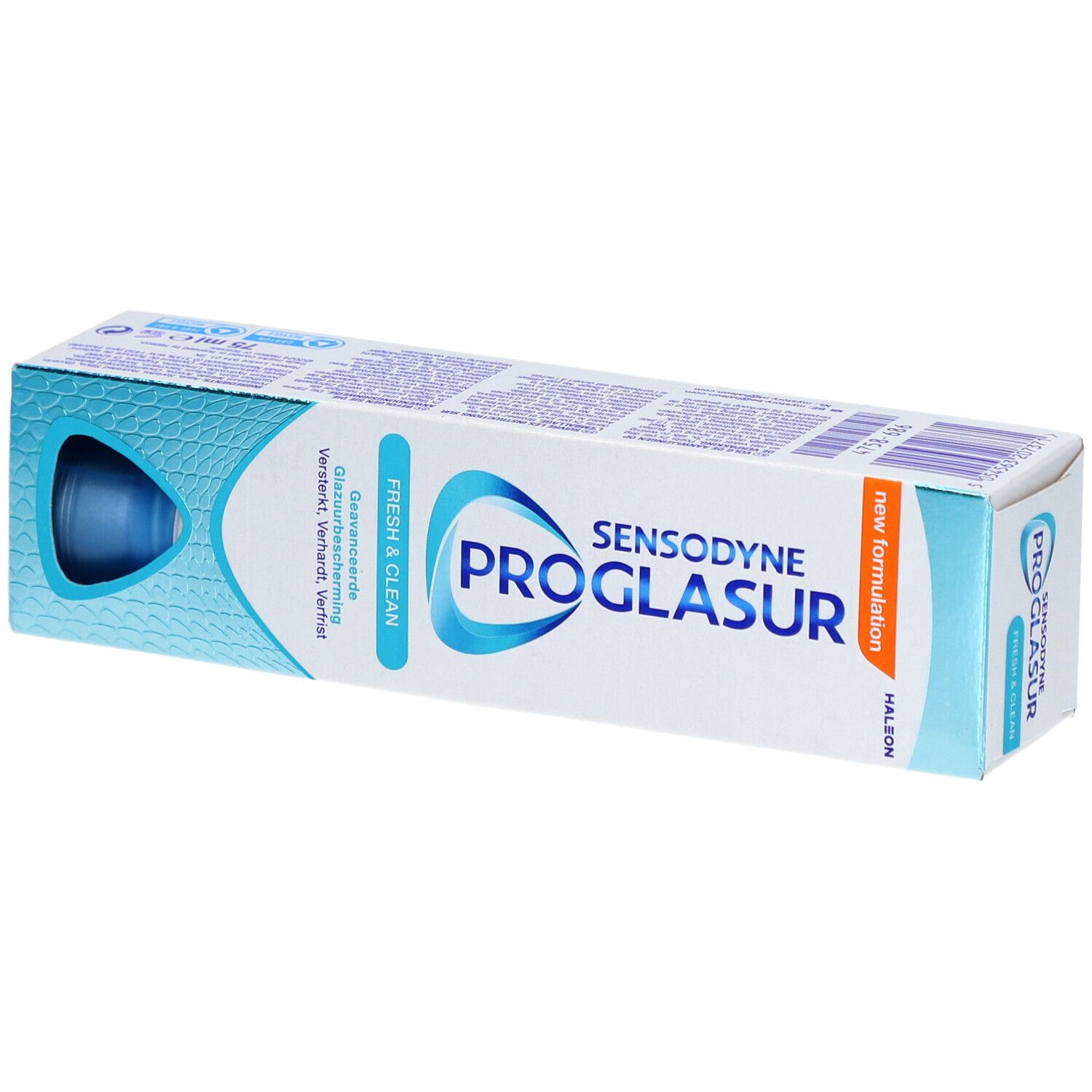 Boîte de dentifrice Sensodyne Proglasur. Couleurs principales: blanc et bleu clair. Inscription: Sensodyne Proglasur Fresh & Clean.