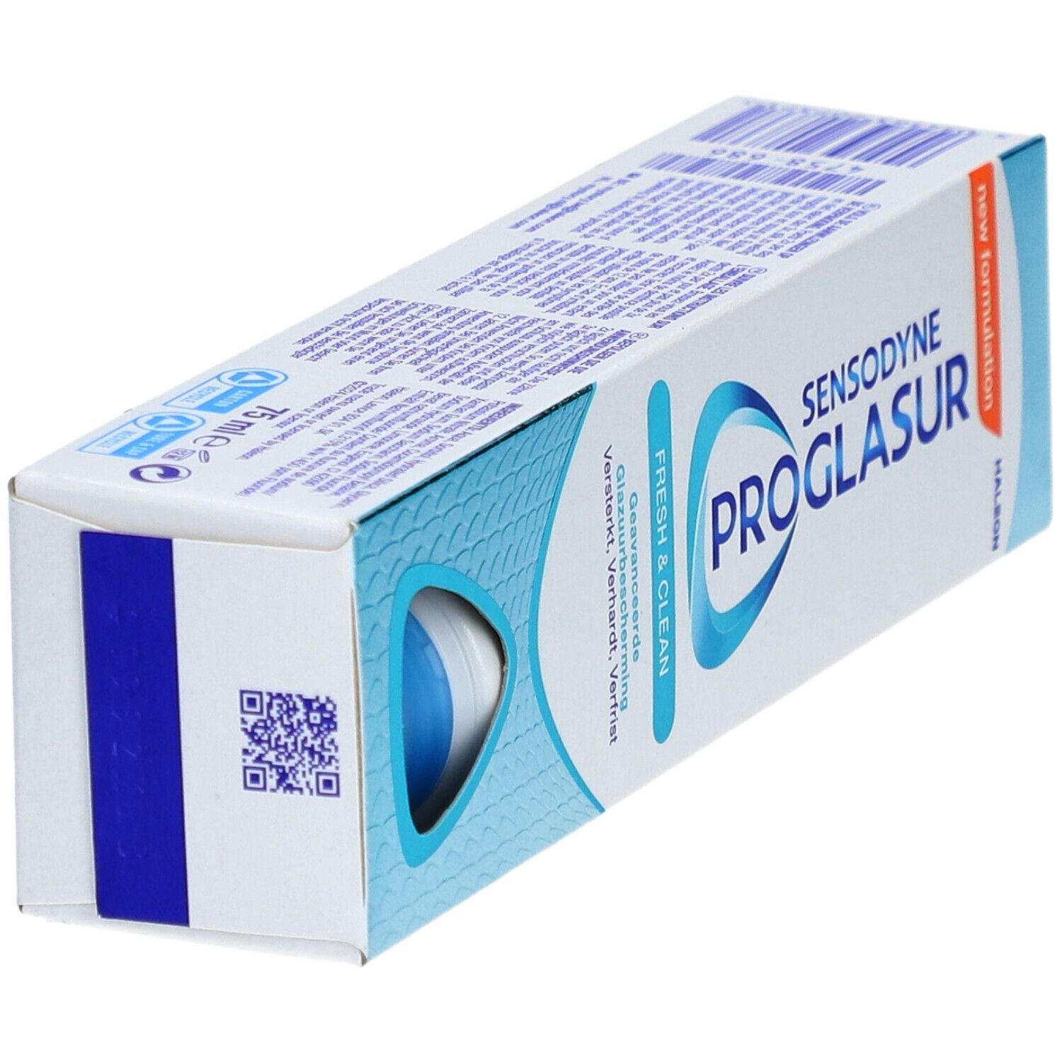 Boîte de dentifrice Sensodyne Proglasur. Couleurs principales: blanc et bleu clair. Inscription: Sensodyne Proglasur Fresh & Clean.