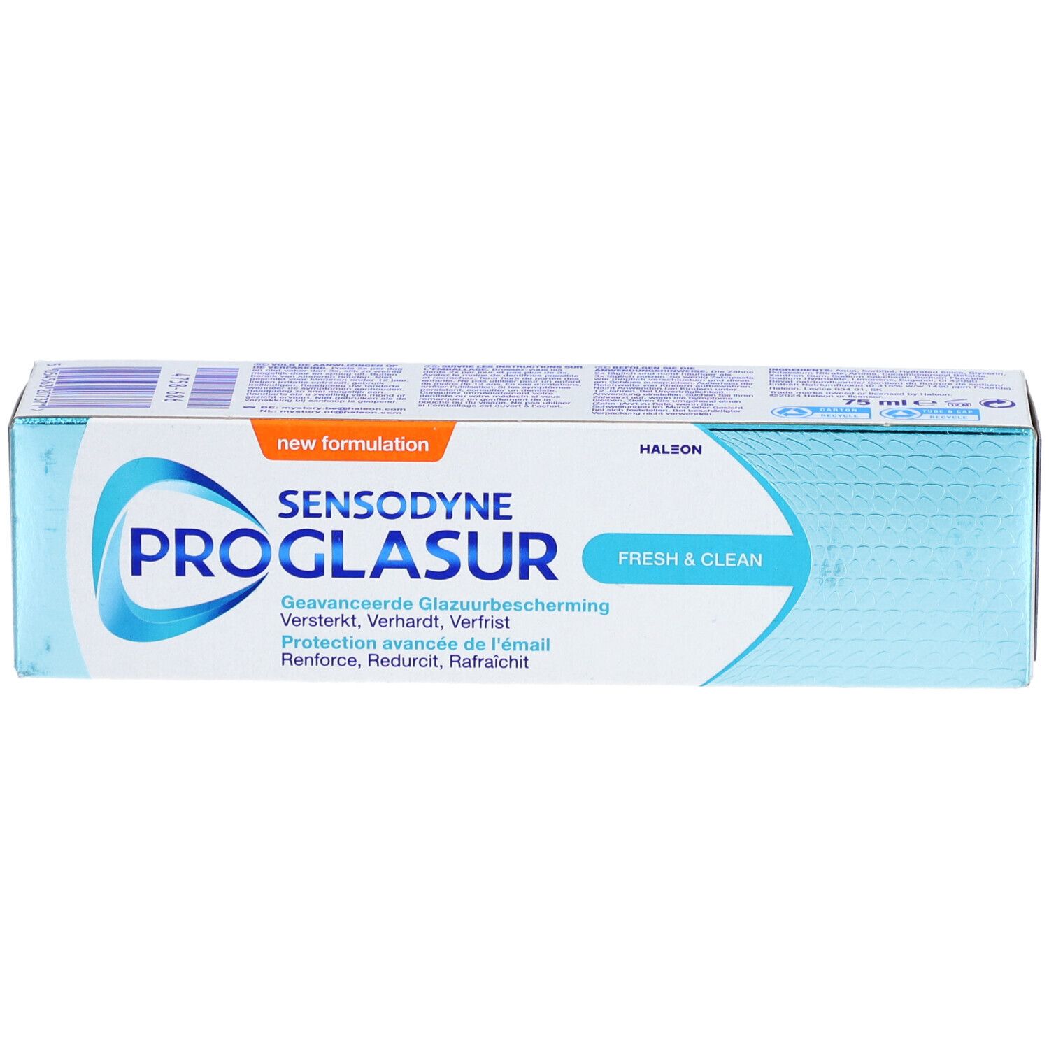 Boîte de dentifrice Sensodyne Proglasur. Couleurs principales: blanc et bleu clair. Inscription: Sensodyne Proglasur Fresh & Clean.