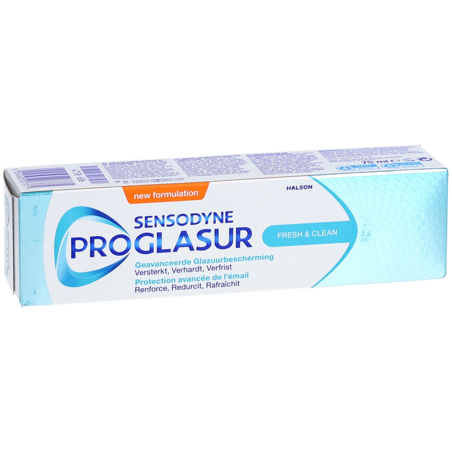 Boîte de dentifrice Sensodyne Proglasur. Couleurs principales: blanc et bleu clair. Inscription: Sensodyne Proglasur Fresh & Clean.