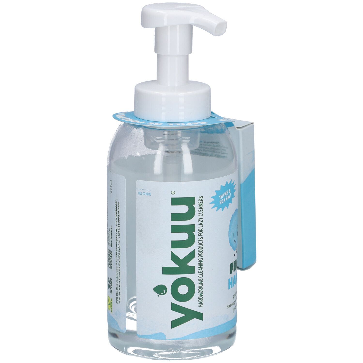 Klare Flasche mit probiotischer Handseife, weißem Pumpspender und Etikett mit grüner Schrift.