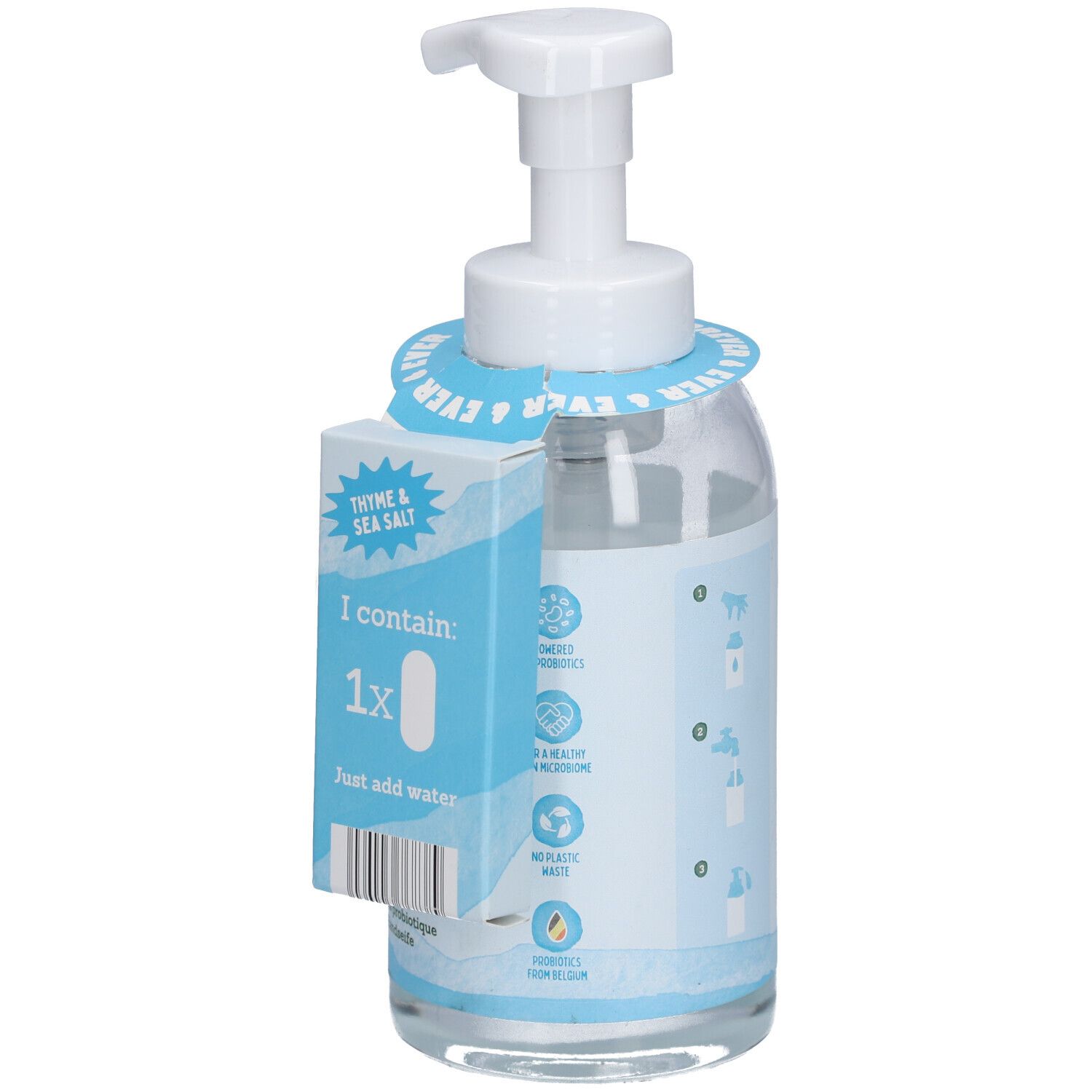 Flasche mit Pumpspender, enthält eine Tablette und Anweisungen zum Auffüllen mit Wasser.