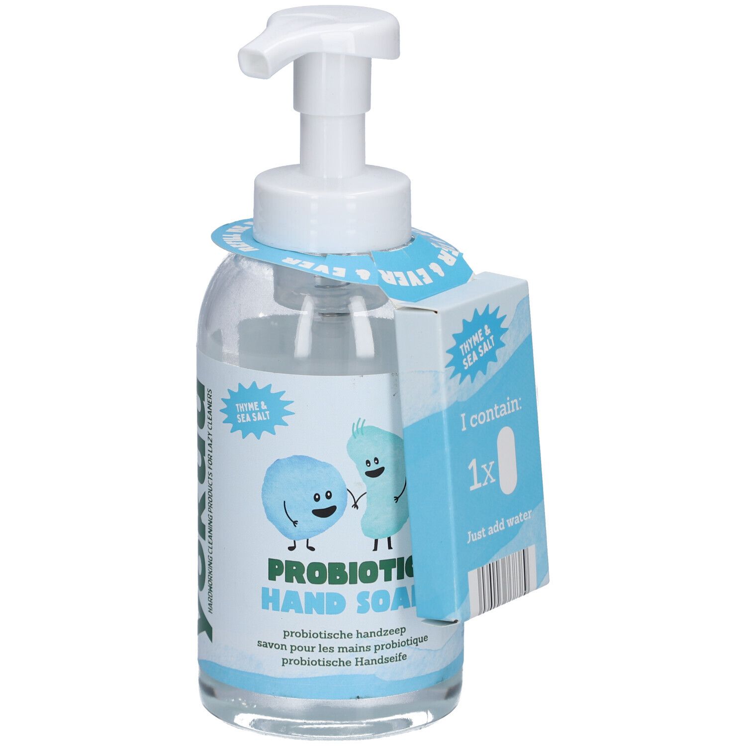Probiotische Handseife mit Thymian und Meersalz in klarer Flasche mit weißem Pumpspender.