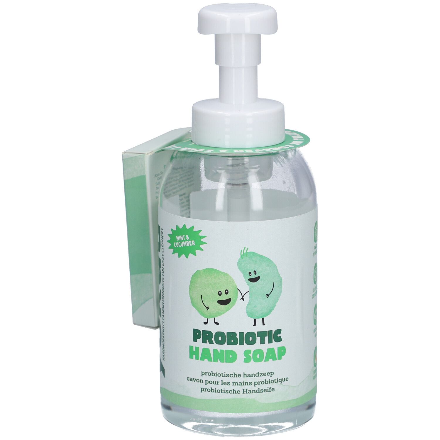 Transparante fles met witte pomp en etiket. Opschrift: PROBIOTIC HAND SOAP. Label met komkommer en munt.